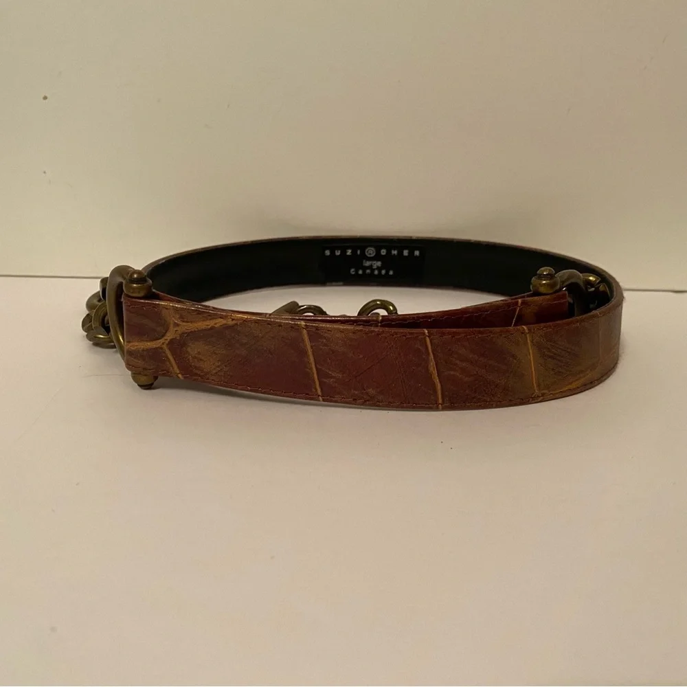 SUZI OHER BELT BROWN LEATHER GOLD FOIL EFFECT CROC LOOK CHUNKY BRONZE CHAIN L